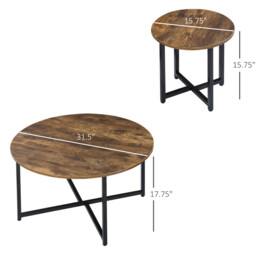 HOMCOM Coffee & Side Table Set Industrial Round Rustic Brown/Black - thumbnail 6