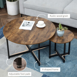 HOMCOM Coffee & Side Table Set Industrial Round Rustic Brown/Black - thumbnail 4