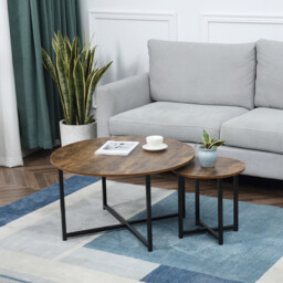 HOMCOM Coffee & Side Table Set Industrial Round Rustic Brown/Black - thumbnail 5