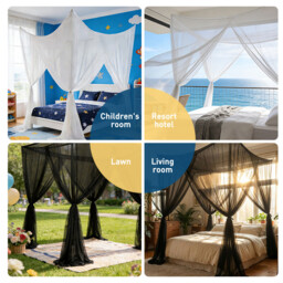 LeBonsoir Four-Sided Bed Net, Summer Mosquito Protection, Rectangular Outdoor Travel Mosquito Net, for Camping/Indoor/Outdoor/Travel Use, Bed Tent/Bed Cover/Bed Curtain, with 6 Hanging Rings and 4 Openings, White, L 210 × W 200 × H 200 cm - thumbnail 6