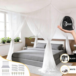 LeBonsoir Four-Sided Bed Net, Summer Mosquito Protection, Rectangular Outdoor Travel Mosquito Net, for Camping/Indoor/Outdoor/Travel Use, Bed Tent/Bed Cover/Bed Curtain, with 6 Hanging Rings and 4 Openings, White, L 210 × W 200 × H 200 cm - thumbnail 1