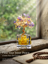 JU7CER 1PC Citrine Tree with Treasure Bowl Teacup - Natural Crystal Chip Money Tree, Mixed Decoration of Amethyst & Yellow Crystal, Wealth Tree Ornament for Office, Home & Wedding Decor, Christmas Must-Have - thumbnail 2
