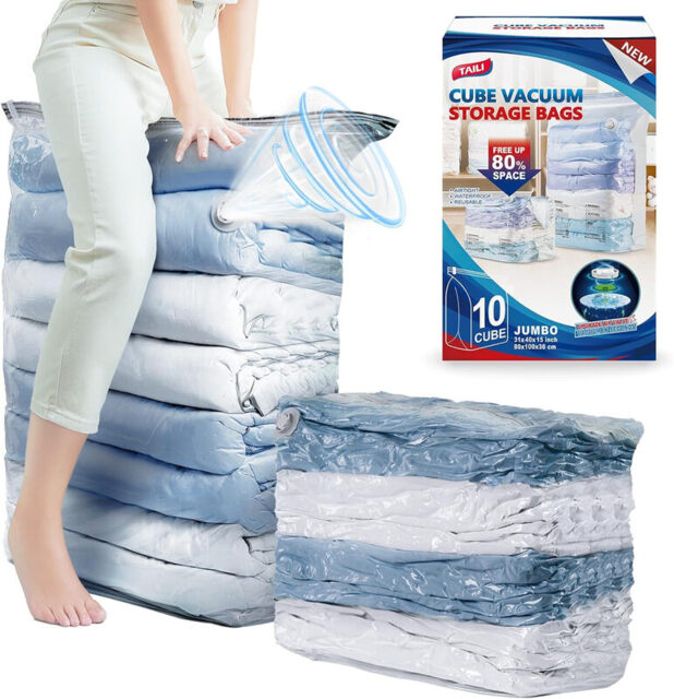 TAILI 10 Pack Vacuum Storage Bags, Space Saver Bags, Jumbo Cube 31x40x15 Inch, Extra Large Vacuum Sealed Bags for Comforters, Blankets, Bedding, Clothes, Closet Organization Space Saving, Clear