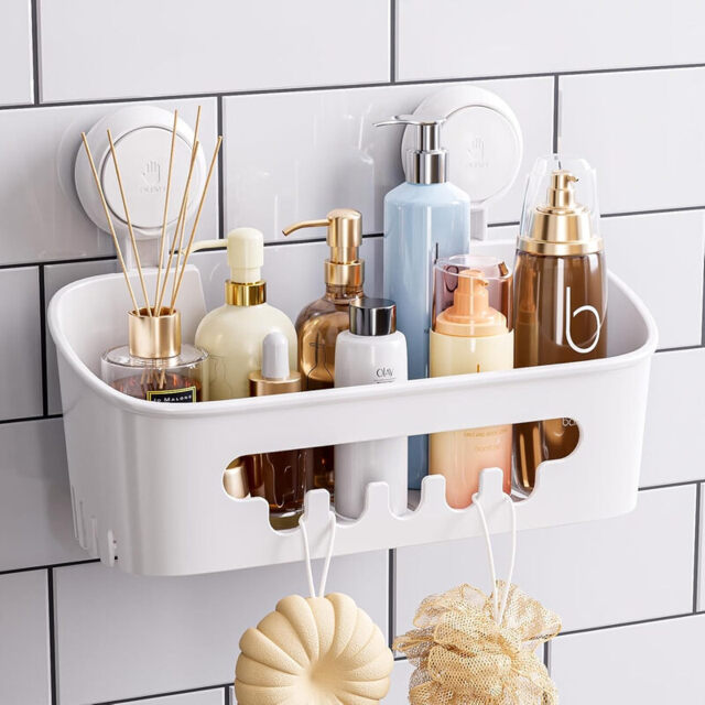 TAILI Suction Cup Shower Caddy, Bathroom Shower Basket Wall Mounted Organizer Shelf for Shampoo, Body Wash, Conditioner, Plastic Shower Rack for Kitchen & Bathroom, Drill-Free Removable - image 1