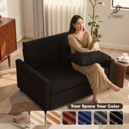 Joyic 2 Seater Sofa Bed, 3-in-1 Convertible Pull Out Sleeper Sofa, Corduroy Fabric Love Seat with Adjustable Backrest & Side Pockets for Living Room, Guest Room, Apartment, Black - thumbnail 3
