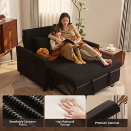 Joyic 2 Seater Sofa Bed, 3-in-1 Convertible Pull Out Sleeper Sofa, Corduroy Fabric Love Seat with Adjustable Backrest & Side Pockets for Living Room, Guest Room, Apartment, Black - thumbnail 5