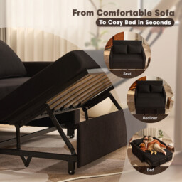 Joyic 2 Seater Sofa Bed, 3-in-1 Convertible Pull Out Sleeper Sofa, Corduroy Fabric Love Seat with Adjustable Backrest & Side Pockets for Living Room, Guest Room, Apartment, Black - thumbnail 7