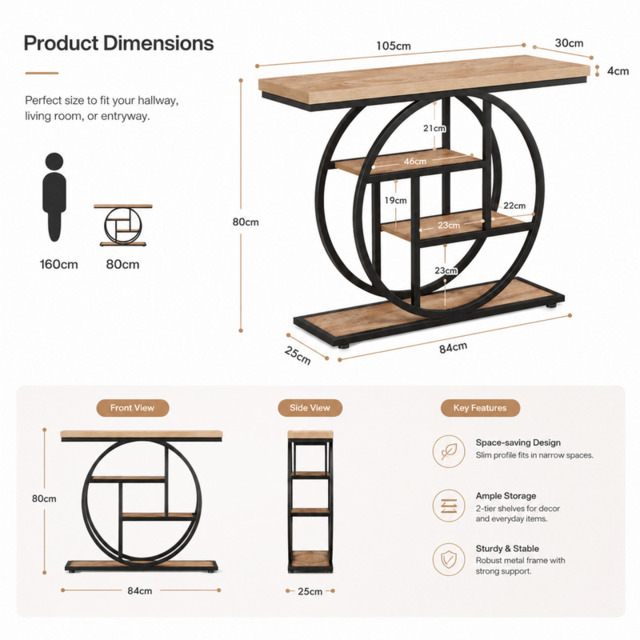 LANTINE 105CM Console Table, Industrial 4-Tier Sofa Table Entryway Table with Circle Base, Narrow Wood Accent Tables with Storage Shelves for Living Room, Hallway, Foyer, Light Brown - image 1