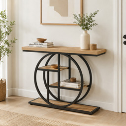 LANTINE 105CM Console Table, Industrial 4-Tier Sofa Table Entryway Table with Circle Base, Narrow Wood Accent Tables with Storage Shelves for Living Room, Hallway, Foyer, Light Brown - thumbnail 7