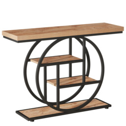 LANTINE 105CM Console Table, Industrial 4-Tier Sofa Table Entryway Table with Circle Base, Narrow Wood Accent Tables with Storage Shelves for Living Room, Hallway, Foyer, Light Brown - thumbnail 2
