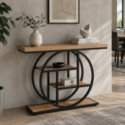 LANTINE 105CM Console Table, Industrial 4-Tier Sofa Table Entryway Table with Circle Base, Narrow Wood Accent Tables with Storage Shelves for Living Room, Hallway, Foyer, Light Brown - thumbnail 3