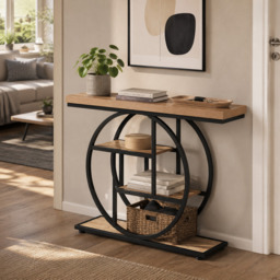 LANTINE 105CM Console Table, Industrial 4-Tier Sofa Table Entryway Table with Circle Base, Narrow Wood Accent Tables with Storage Shelves for Living Room, Hallway, Foyer, Light Brown - thumbnail 4