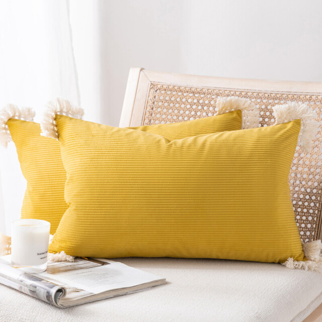 Phantoscope Pack of 2 Corduroy Soft Pillow Covers Decorative Striped Velvet Throw Pillows with Cotton Tassels Ultra Solid Cushion Covers Pillowcases, Mustard Yellow 30 x 50cm - image 1