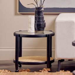 Interiors by Premier Side Table Round Cebu Elm Wood & Rattan Black/Natural - thumbnail 1