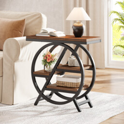 Tribesigns Coffee Side Tables, 3-Tier End Table for Living Room, Wood Sofa Side Table with Storage, Industrial Nightstand and Bedside Table with Geometric Metal Frame for Bedroom, Rustic Brown - thumbnail 4