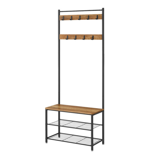 Ochama Coat Rack, Hall Tree with Shoe Storage Bench, 32 x 70 x 177 cm, Industrial, Rustic Walnut and Black - image 1