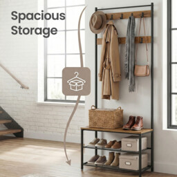 Ochama Coat Rack, Hall Tree with Shoe Storage Bench, 32 x 70 x 177 cm, Industrial, Rustic Walnut and Black - thumbnail 7