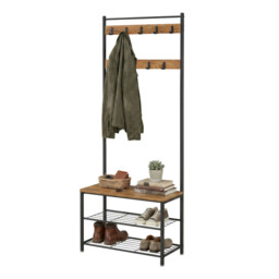 Ochama Coat Rack, Hall Tree with Shoe Storage Bench, 32 x 70 x 177 cm, Industrial, Rustic Walnut and Black - thumbnail 4