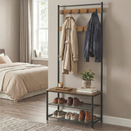 Ochama Coat Rack, Hall Tree with Shoe Storage Bench, 32 x 70 x 177 cm, Industrial, Rustic Walnut and Black - thumbnail 2