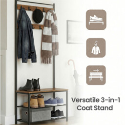 Ochama Coat Rack, Hall Tree with Shoe Storage Bench, 32 x 70 x 177 cm, Industrial, Rustic Walnut and Black - thumbnail 6