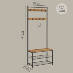 Ochama Coat Rack, Hall Tree with Shoe Storage Bench, 32 x 70 x 177 cm, Industrial, Rustic Walnut and Black - thumbnail 3