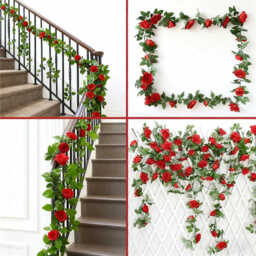 Wei's Moment Pack of 2 7.54FT Rose Garlands Red Flower Garland Artificial Flowers Hanging Plant Rose Garlands for Flower Wall Decoration Wedding Garden Fences Party (Red) - thumbnail 3