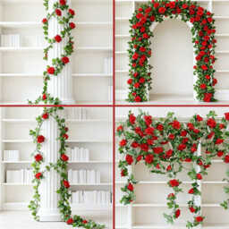Wei's Moment Pack of 2 7.54FT Rose Garlands Red Flower Garland Artificial Flowers Hanging Plant Rose Garlands for Flower Wall Decoration Wedding Garden Fences Party (Red) - thumbnail 4