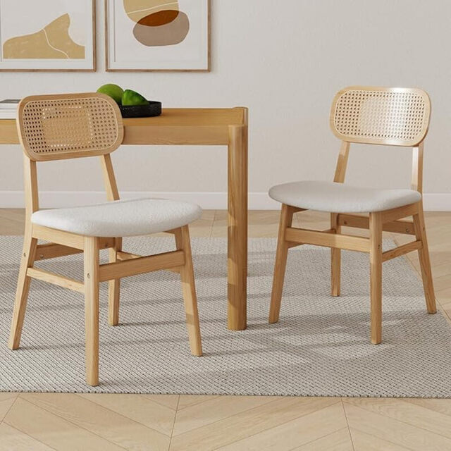 chairus Rattan Dining Chairs Set of 2 Kitchen Side Chairs with Wood Legs for Dining Room, PU Leather Black