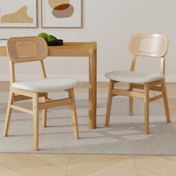 chairus Rattan Dining Chairs Set of 2 Kitchen Side Chairs with Wood Legs for Dining Room, PU Leather Black
