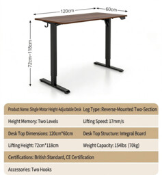ochama Electric Standing Desk, Walnut Colour, 120*60cm, Full Board Tabletop, 2-Level Memory Height, 70KG Load Capacity, UK Standard & CE Dual Certification, Eco-Friendly Tabletop, Desk for Office / Study / Gaming - thumbnail 6