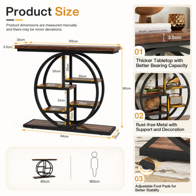 LANTINE Console Table 105cm Industrial 6 Tier Sofa Table Entrance Table with Circle Base Narrow Wood Accent Tables with Storage Shelves for Living Room Hallway Foyer Rustic Brown - image 1