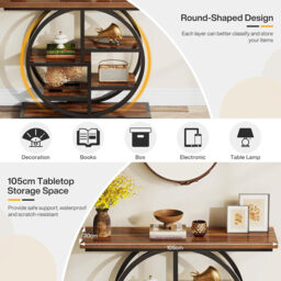 LANTINE Console Table 105cm Industrial 6 Tier Sofa Table Entrance Table with Circle Base Narrow Wood Accent Tables with Storage Shelves for Living Room Hallway Foyer Rustic Brown - thumbnail 5