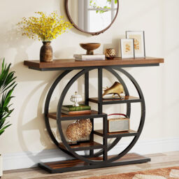 LANTINE Console Table 105cm Industrial 6 Tier Sofa Table Entrance Table with Circle Base Narrow Wood Accent Tables with Storage Shelves for Living Room Hallway Foyer Rustic Brown - thumbnail 7