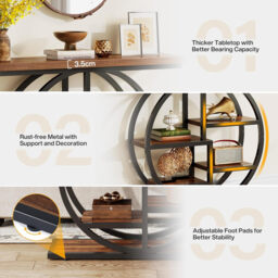 LANTINE Console Table 105cm Industrial 6 Tier Sofa Table Entrance Table with Circle Base Narrow Wood Accent Tables with Storage Shelves for Living Room Hallway Foyer Rustic Brown - thumbnail 4