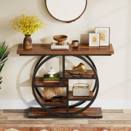 LANTINE Console Table 105cm Industrial 6 Tier Sofa Table Entrance Table with Circle Base Narrow Wood Accent Tables with Storage Shelves for Living Room Hallway Foyer Rustic Brown - thumbnail 6