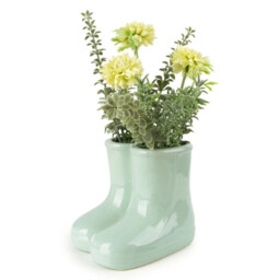 Candlelight Artificial Chrysanthemums in Ceramic Wellies Vase 20cm - thumbnail 1