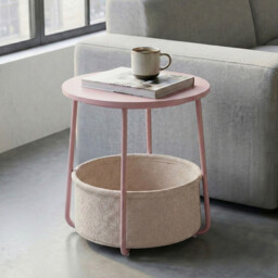 Ochama Side Table, Round End Table with Fabric Basket, for Living Room Bedroom, Bedside Table, Modern Style, Pink - thumbnail 2