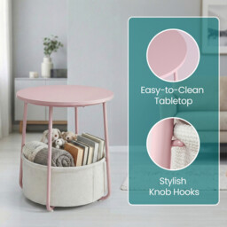 Ochama Side Table, Round End Table with Fabric Basket, for Living Room Bedroom, Bedside Table, Modern Style, Pink - thumbnail 6