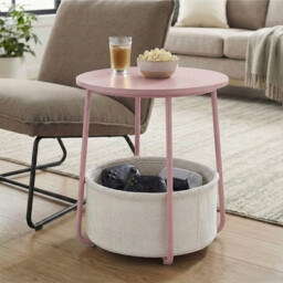 Ochama Side Table, Round End Table with Fabric Basket, for Living Room Bedroom, Bedside Table, Modern Style, Pink - thumbnail 3