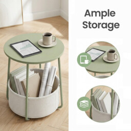 Ochama Side Table, Round End Table with Fabric Basket, for Living Room Bedroom, Bedside Table, Modern Style, Green - thumbnail 7