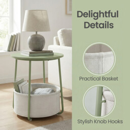 Ochama Side Table, Round End Table with Fabric Basket, for Living Room Bedroom, Bedside Table, Modern Style, Green - thumbnail 2