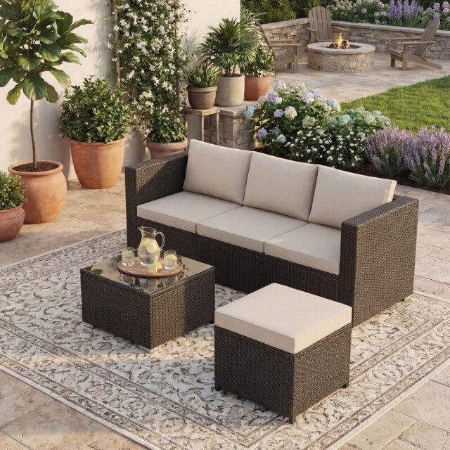 "Garden Vida Hampton 4 Seater Corner Rattan Set, Brown "
