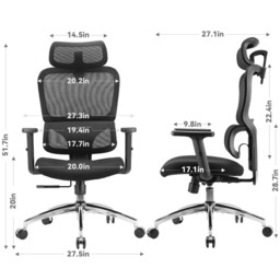 SIHOO M56C Ergonomic Office Chair - Adjustable Desk Chair with 3D Dynamic Lumbar Support, Breathable Mesh Back, Adjustable Headrest and PU Armrests for Home Office - (Black) - thumbnail 2