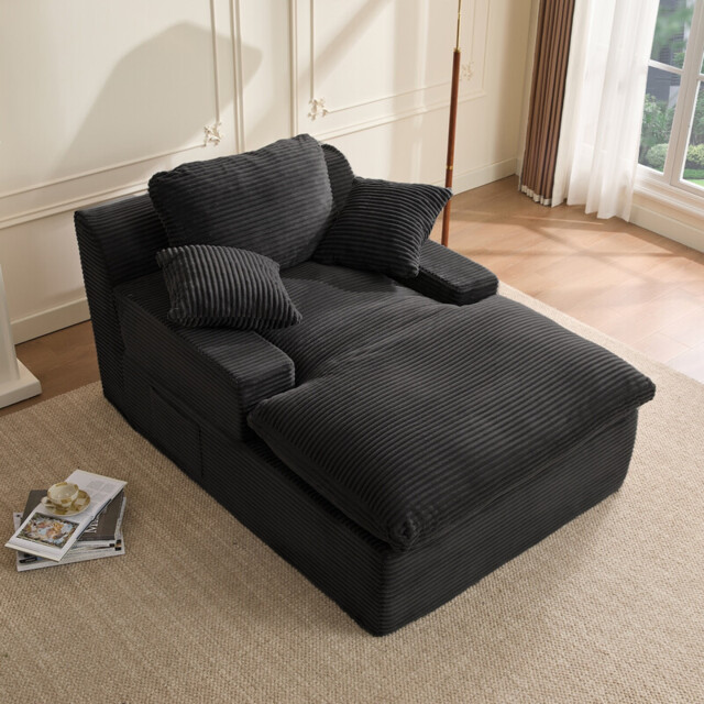 160 cm Chaise Lounge Chair, Boneless Couch, Set of Sofa bed Floor Lounge Sofa with Movable Pillows & Side Pockets, Cloud Couch with Armrests for Living Room, No Assembly Required, Black - image 1