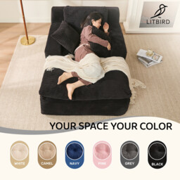 160 cm Chaise Lounge Chair, Boneless Couch, Set of Sofa bed Floor Lounge Sofa with Movable Pillows & Side Pockets, Cloud Couch with Armrests for Living Room, No Assembly Required, Black - thumbnail 6