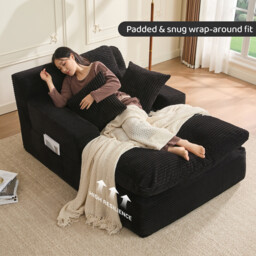 160 cm Chaise Lounge Chair, Boneless Couch, Set of Sofa bed Floor Lounge Sofa with Movable Pillows & Side Pockets, Cloud Couch with Armrests for Living Room, No Assembly Required, Black - thumbnail 3