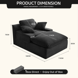 160 cm Chaise Lounge Chair, Boneless Couch, Set of Sofa bed Floor Lounge Sofa with Movable Pillows & Side Pockets, Cloud Couch with Armrests for Living Room, No Assembly Required, Black - thumbnail 2