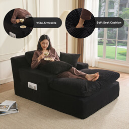 160 cm Chaise Lounge Chair, Boneless Couch, Set of Sofa bed Floor Lounge Sofa with Movable Pillows & Side Pockets, Cloud Couch with Armrests for Living Room, No Assembly Required, Black - thumbnail 4
