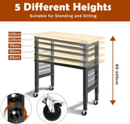 LARBANKE 120cm Height Adjustable Work Bench, Versatile Multi-Position Work Station Featuring Measurement Markings, Power Panel & Mobile Casters, Suitable for Household, Garage & Office Use, Supports Up To 900kg - thumbnail 6