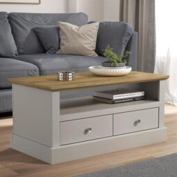 Galano Surrey 2 Drawer Coffee Table – Rectangular Living Room Table with Storage Cabinet – Minimalist Design in Engineered Wood – Light Grey/Oak - thumbnail 2